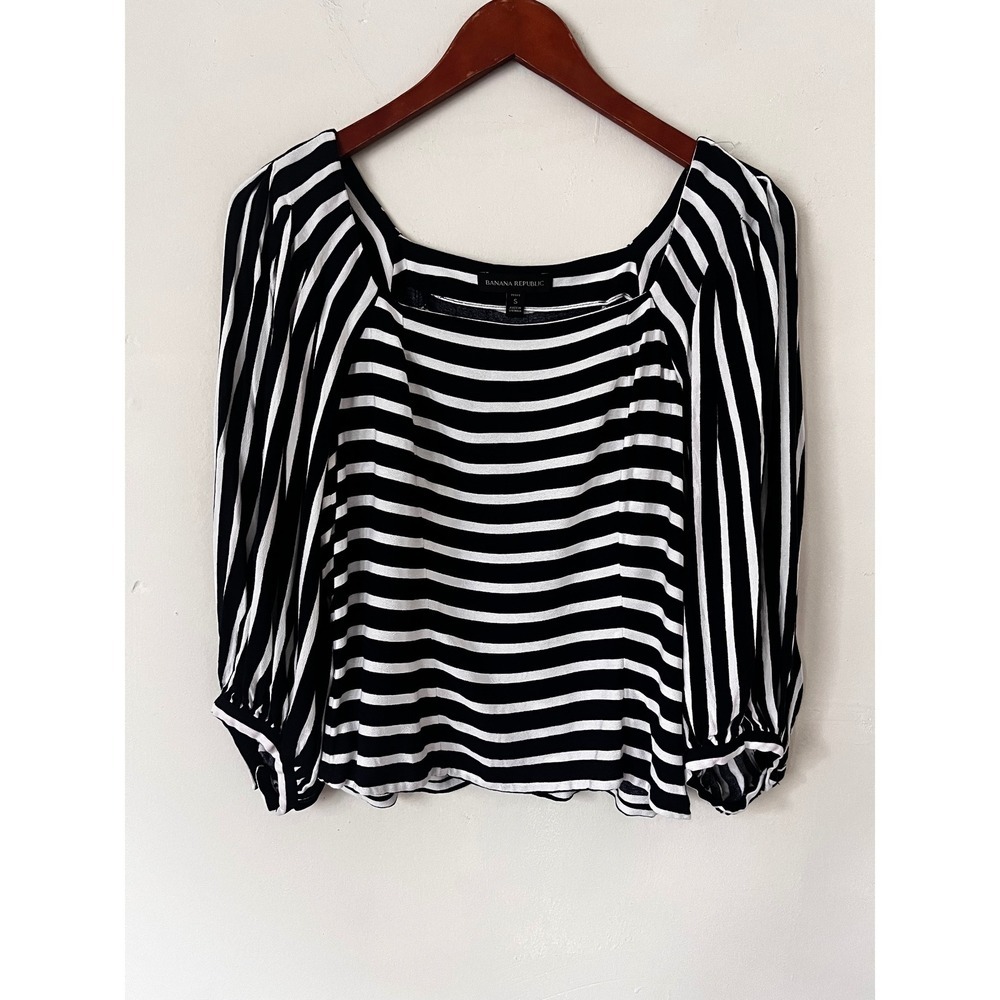 Banana Republic Petite Navy White Striped Square Neck Puff Sleeve Blouse S P